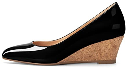 Elashe Femme Compensées Escarpins Petit Talon Bout Pointu À Enfiler Chic Verni NoirEU37