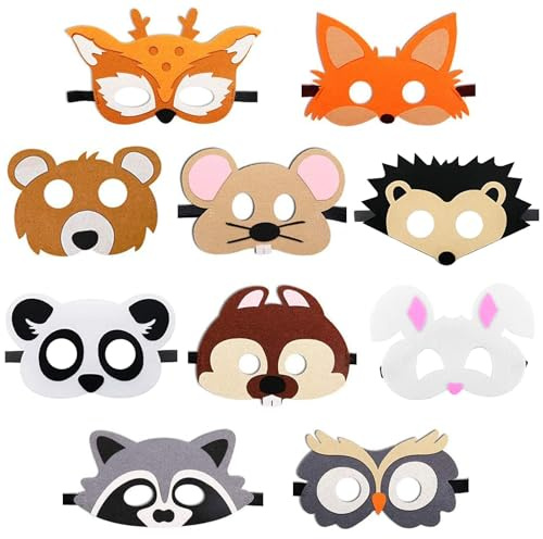Mellystore Maschere di Animali in Feltro per Bambini - 10 Pezzi per Carnevale, Cosplay, Compleanno, Mascherata, Halloween e Feste