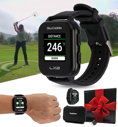 SkyCaddie LX2 Golf GPS Watch - Lightweight & Simple Golf Yardage Rangefinder Touchscreen Watch w/ 35K Courses, Automation & Scoring - Gift Box Bundle with PlayBetter Wall Adapter & Hard Case