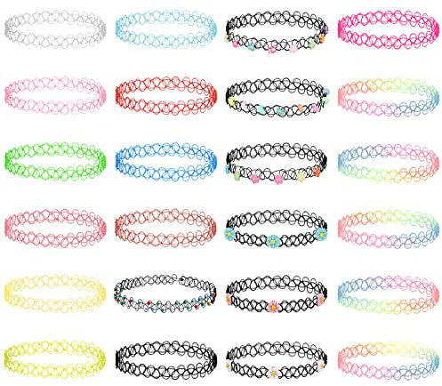SOSPIRO 24 Stück Elastische Halskette Tattoo Choker Mädchen Stretch Choker Kette Set Halsband Halskette Kette Rainbow Armband für Mädchen Frauen Teen Mädchen Kinder