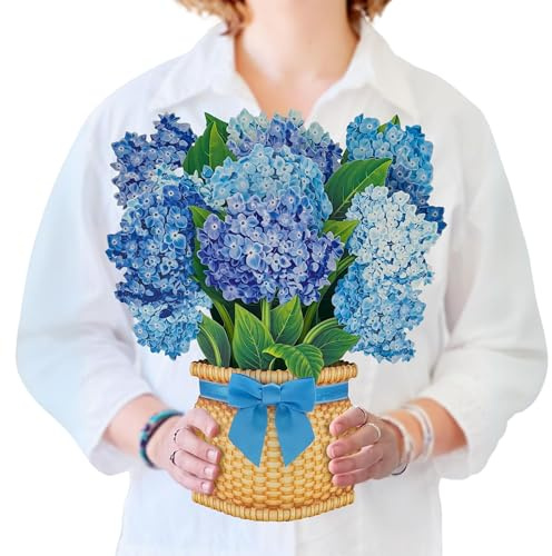 Freshcut Paper Pop Up Cards, Nantucket Hydrangeas, 12 Inch Life Sized Forever Flower Bouquet 3D Popup Greeting Card, Birthday Cards, Thank You Card, Blank Notecard & Envelope
