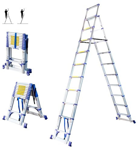 HOSTROM Escabeau 11 marches telescopique EXTENDACT11, Echelle telescopique 3.2m+2.9m, escabeau Pliable, Stabilisateur, H Max Travail 4.7m, Garantie 5 Ans