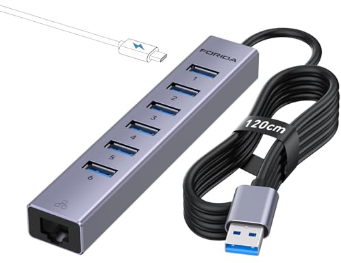 8Port USB Hub 3.0 mit 120cm Kabel, USB zu Netzwerk-Hub mit 6 3.0 Ports und 1000Mbps LAN Adapter, 5V/3A Type-C Port, Aluminium USB Verteiler für Laptop, IMAC, PC, USB Flash Laufwerke usw (Gray)