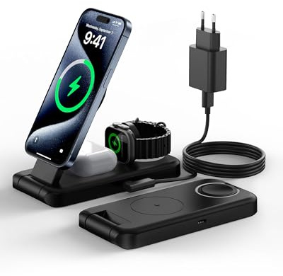 3 in 1 Faltbar Mag Safe Ladegerät, Induktive Ladestation für iPhone 15 14 13 12 11 Pro Max Plus und Apple Watch 9/8/7/6/5/4/3/2/SE, AirPods 3 2 pro Travel Kabelloses Wireless Charger mit Adapter