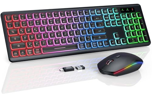 Tastatur Maus Set Kabellos Beleuchtete, wiederaufladbar & Automatischer Schlaf, verstellbare Höhe, 2,4 GHz LED leise USB-A & USB-C Funktastatur mit Maus, für Mac OS/Windows/PC/Laptop-Schwarz, QWERTZ