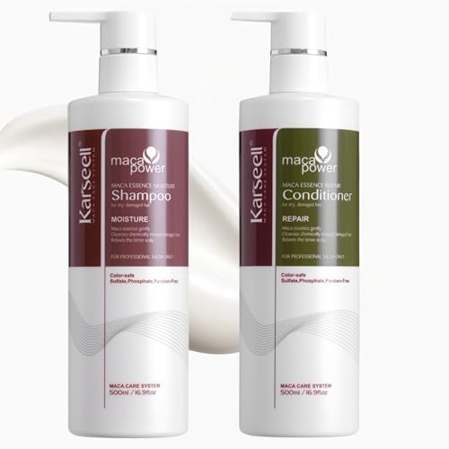Karseell MACA CARE SYSTEM Pack Champú Hidratante + Acondicionador Reparador Cabello Seco Dañado Teñido Rizado Encrespado Nutritivo Colágeno Argán Maca Brillo Suavidad Antifrizz Sin Sulfatos 2x500ml