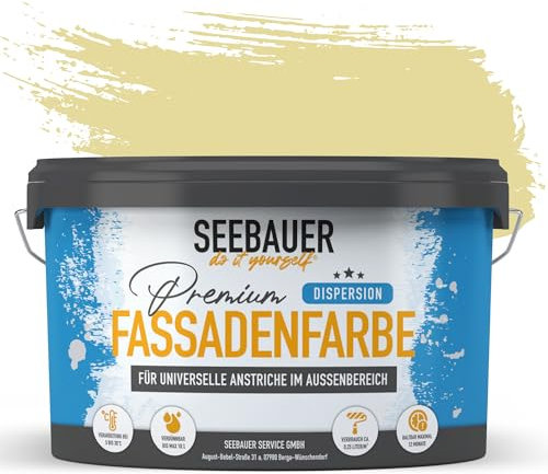 SEEBAUER diy Universal-Fassadenfarbe Gelb 2,5L für Außen (No. 460 Lily Fields) Hoch deckende Fassadenfarbe mit Wetterschutz - Geeignet für Putz, Mauerwerk und Beton