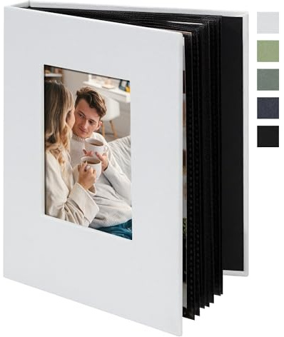 Remowith 6x4 Photo Album Slip in 24 Pockets, Linen Fabric Cover Photo Book with Customisable Cover Window, Acid-Free Slip-in Pockets for Family, Travel, Baby & Memory Storage, White