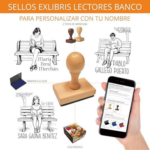 STAMPA | Sello Ex Libris Personalizado para Libros – Lectores en el Banco (3 Modelos a Elegir) | Sellos Biblioteca y Bookplate con Nombre | Sello para Libros | Caucho + Madera |Tinta Incluida