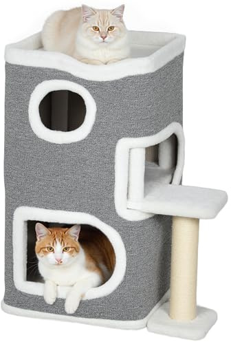 PawHut 75 cm Cat Tree, 3-Tier Cat Cave Kitten Bed for Indoor, Kitty Tower House with 2 Condos, Scratching Post, Jumping Platform, Grey