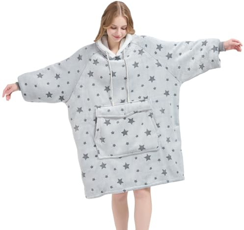 Qeils Wearable Blanket Hoodie for Women, Comfy Sherpa Sweatshirt Blanket as Birthday Christmas Gifts, Oversized Pullover Jacket Blanket Hoodie for Adult (Snipped Star, Adult)