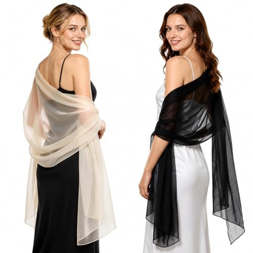 Higijapuf 2Pcs Stola Damen Chiffon Écharpe Élégant, Écharpe Légère Pour Robe De Soirée Étoles Femmes Festives Pour Mariage Fête Été Doux Noir Beige Étole De Mariage