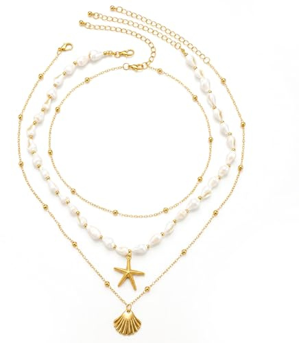 RAHHLIZS 3Pcs Starfish Layered Necklace, Gold Shell Charm Necklaces, Summer Beach Jewelry, Vacation Accessories Gifts for Women