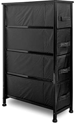 Clarisworld 4 Narrow Chest Drawers Storage Tower Dresser - Wood Top, Sturdy Steel Frame, Organizer Unit for Bedroom, Hallway, Entryway, Closets – Laminated Fabric (4 Drawer Narrow Black)