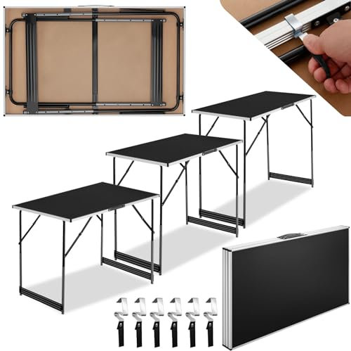 tectake® 3-Piece Folding Table Connectable Set, Versatile 300x60cm Work, Dining, Camping Table, Height Adjustable Legs, Easy Setup, Stable Fold Frame, Protected Edges, Floor Safe, Portable with Handle