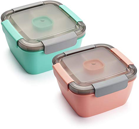 Freshmage Salad Lunch Containers To Go, 2 Pack 52-oz Bowls with 3 Compartments, Dressing Containers for Toppings, Snacks - Pink & Green