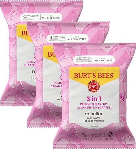 Burts Bees Mothers Day Face Wipes Gifts for Mom, Makeup Remover Facial Cleansing Towelettes for All Skin Types, 3 in 1 Hydrating Micellar Cleanser with Rose Water, 30 Count (Pack Of 3)
