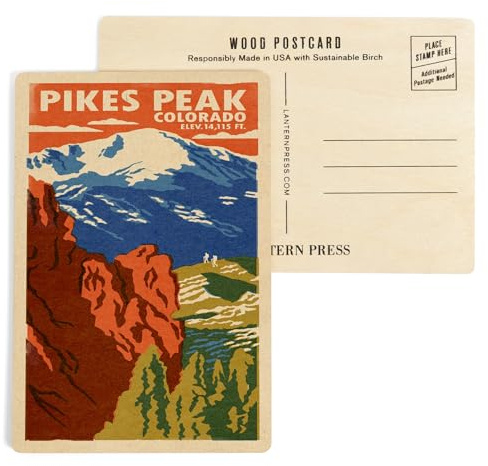 Pikes Peak, Colorado, Woodblock (4x6 Birch Wood Postcards, 2-Pack Stationary, Rustic Home Wall Decor)