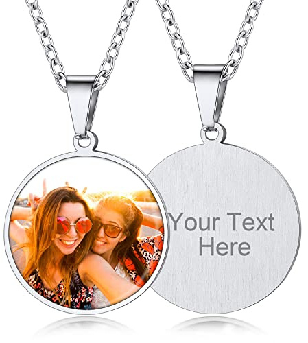 Custom4U Personalised Round Photo Pendant Necklace Custom Engraved Picture Chain DIY Jewelry for Mens