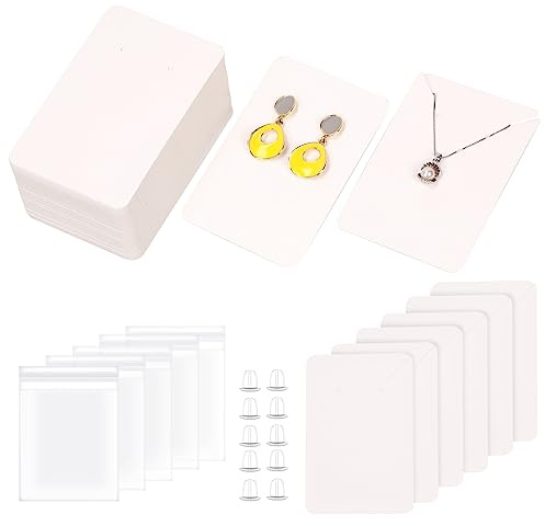 Tanstic Earring Cards Kit - 300pcs with Earring Backs & Self-Sealing Bags, 2.36 x 3.54 Inch Card Holder for Jewelry Display (White)