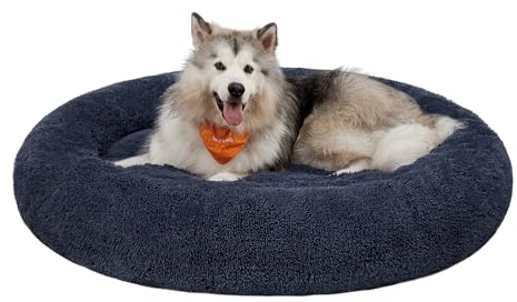 Feandrea Hundebett flauschig, waschbar, Langer Plüsch, 140 cm Durchmesser | Hundebett, Donut Kissen, Polsterung in der Mitte herausnehmbar, dunkelgrau, BOBBEE Kollektion PGW044G02