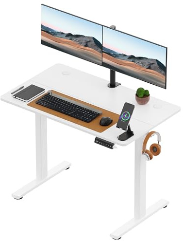 VonHaus Electric Standing Desk, White, 100x60cm | USB-C Charging, Height Adjustable 2 Piece Table Top, Sit Stand, Anti-Collision, Height Preset Technology, Cable Management