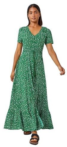 Roman Originals Shirred Empire Waist Dress for Women UK Ladies Midi Maxi Summer Spring Tiered Frill Hem Short Sleeve V Neck Button Through Boho Bohemian Holiday Cruise - Dark Green White - Size 18