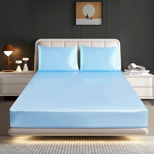 ROOEE Satin Silk Fitted Sheet with Pillowcase Set Breathable Soft Bedding Brushed Fabric Wrinkle, Shrinkage and Fade Resistant Bottom Bed Sheets (SKY BLUE, Double)
