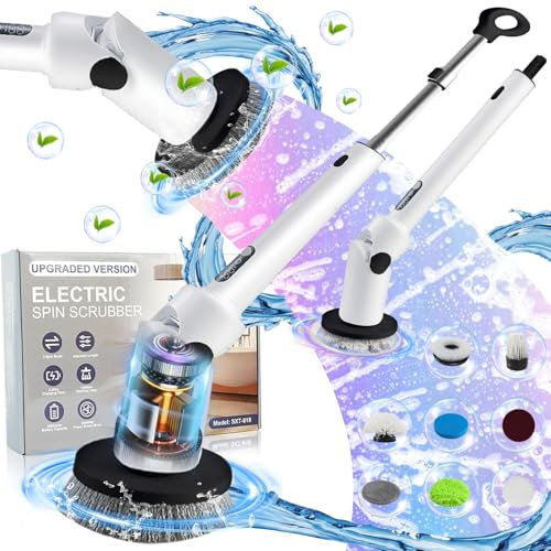 D L D - Depurador eléctrico giratorio 2024 para limpieza, limpiador de ducha con mango largo y 8 cabezales de repuesto, cepillo limpiador de ducha con control remoto para azulejos de baño