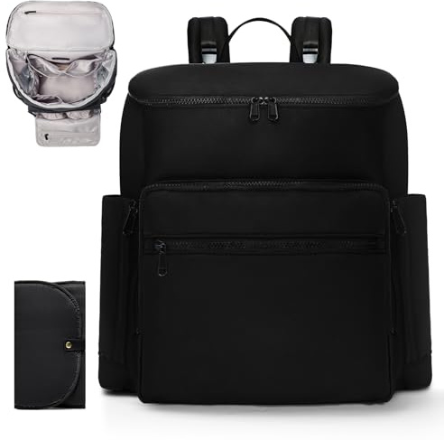 ILCOLPO Diaper Bag Backpack, Neoprene Bag Backpack, Large Diaper Backpack with 16 Diaper Bag Organizers, 4 Insulated Pockets, Lighweight Travel Baby Bag with Changing Pad for Mom & Dad, Black