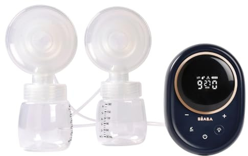 BÉABA, Tire lait electrique Double, Utilisation Semi Allongée, 3 Modes, 9 Niveaux, Silencieux, Grande Contenance 180mL, Veilleuse, Minuterie, Fonction Mémoire, 6 séances, Charge USB C, Night blue