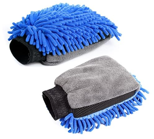 YounBeauty Green Chenille Dual-Sided Car Wash Gloves 2 Pack – Super Absorbent, Scratch-Free Microfiber Mitts for Safe & Efficient Cleaning (Blue)