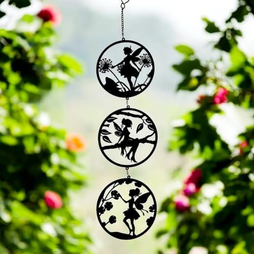 Epsom Door Handle Black Fairy Silhouette Hanging Trio Spinner 60cm X 15cm 3-Tier Kinetic Wind Spinner for Garden Home Outdoor Metal Hanging Fairy Ornament