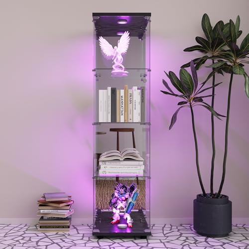 Vetrina in vetro a LED, 164x42.5x36.5 cm Vetrina in vetro con serratura 4 ripiani vetrina trasparente grande pannello posteriore specchiato vetrina collezione (4strati specchio+luci, nero)