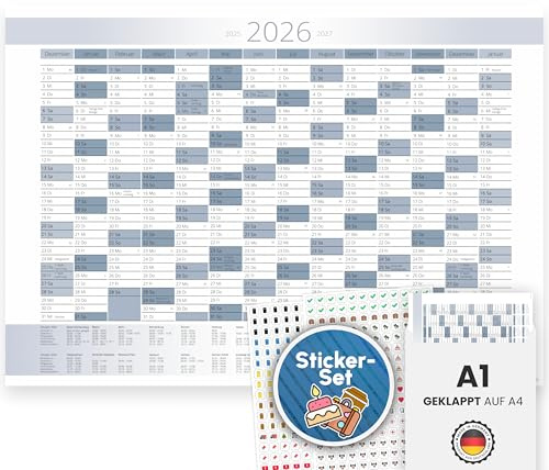XXL årskalender 2026 januari 2027 årsplanerare i A1 i en enkel blå-vit design med semester och helgdagar, väggkalender väggplanerare, kalender vecklad vikt inkl. 408 klistermärken