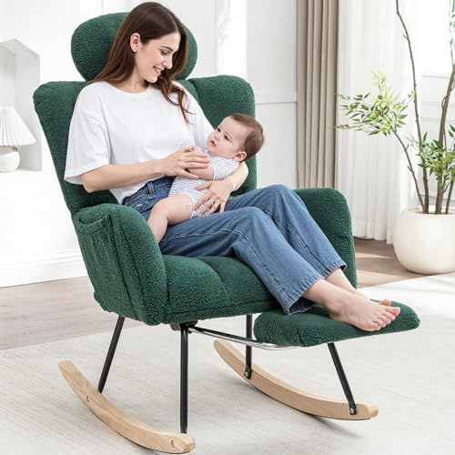 MINCETA Nursing Rocking Chair with Foot Rest, Modern Nursery Chair for Breastfeeding and Relaxing, Upholstered Glider with Head Support, High Back Ergonomic Design for Nursing Mom and Baby, Green