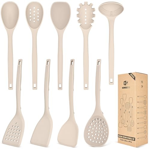 Set di 9 utensili da cucina in silicone, resistenti al calore, con ganci posteriori, senza BPA, con spatole, cucchiai, schiumarola e forchetta per pasta, per pentole antiaderenti (KHAKI)