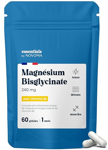 Magnésium Bisglycinate + Vitamine B6, Fatigue, Stress, Sommeil & Récupération, Magnesium Haute Absorption, 240 mg/j, 60 Gélules Vegan, Cure de 1 mois, Fabriqué en France, Essentials by Novoma