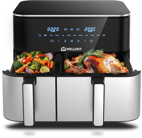 11L XXL Airfryer 2 Kammern(4+7L) - WELLENT 2600W 10-in-1 Heißluftfritteuse Doppelkammer mit Match&Sync-Funktion - Dual Zone Heissluftfritteuse mit Touchscreen,Schüttelerinnerung,Spülmaschinenfest