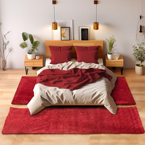Unbekannt Shaggy Hochflor Teppich Carpet 3TLG Bettumrandung Läufer Set Schlafzimmer Flur, Farbe:Rot, Bettset:2x60x110+1x80x150