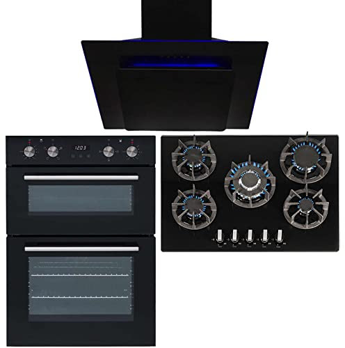 SIA 60cm Black Built In Double Electric Oven, 70cm Gas Hob & Angled Cooker Hood