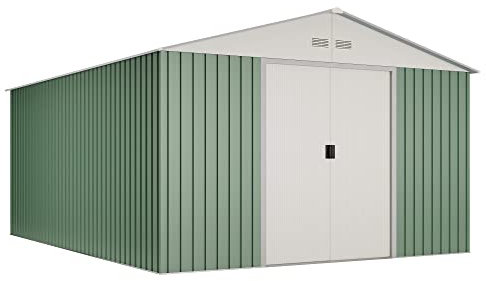 Hoggar - Caseta Metálica de Jardín 15,5 m2 Anjala – 4 Rejillas Anticondensación – Verde y Beige - Puerta Corredera Doble – Techo a Dos Aguas - Cobertizo de Metal - Almacenaje Exterior