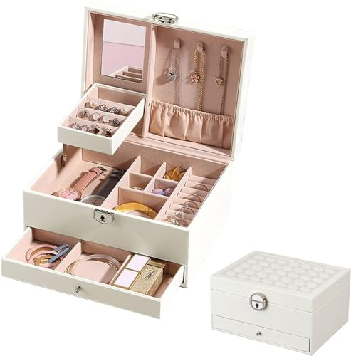 Podazz Portagioie Donna, Scatola di immagazzinaggio di gioielli in Pelle PU con 2 Strati con chiusura a chiave, per orecchini, anelli, collane, orologi, con cassetto e chiave - Bianco