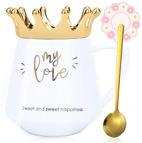 Arawat My Love Mug Med Lock Söt Vit Mugg Med Krona Kaffemugg Present Med Sked Och Underlägg 350 Ml Keramisk Te Mugg Födelsedagspresent Till Kvinnor Flickor Mamma Flickvän