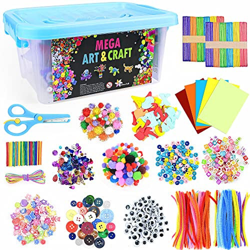 1500Pcs Art Craft Kits for Kids, Include Pipe Cleaners, Pom Poms, Wiggle Eyes, Multicoloured Paper, Colour Buttons,Beads, DIY Toys Gifts Kids Education Supplies, Includes Instructions Booklet