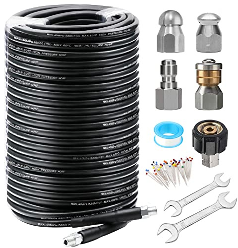 West Bay avloppsjetter kit 200 fot för högtryckstvätt, 5 800 PSI dräneringsslang 1/4 tum NPT hörn roterande och knapp näsa avloppssprutningsmunstycksnyckel vattentät tejp pärla bröstbukett nål