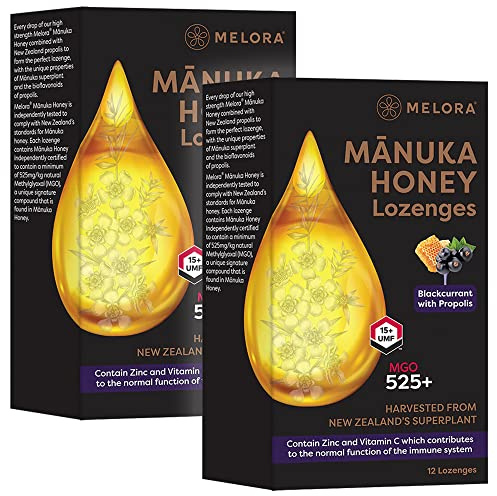 2x Melora - Caramelle al Miele di Manuka UMF 15+ al Ribes Nero e Propoli - Con zinco e Vitamina C - Pacchetto da 2 confezioni da 12 caramelle l'uno - Benessere della Gola