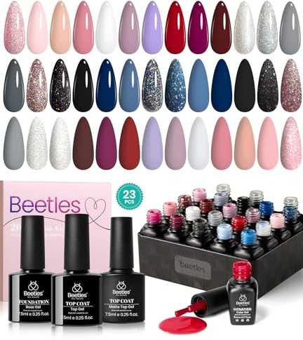 Beetles UV Gel Nagellack Set - 20 Farben Moderne Muse Kollektion Nude Grau Rosa Blau Glitzerndes Maniküre Starter Set mit 3 Teiliger Basis Mattem & Glänzendem Überlack für Heimwerker Nagelkunst