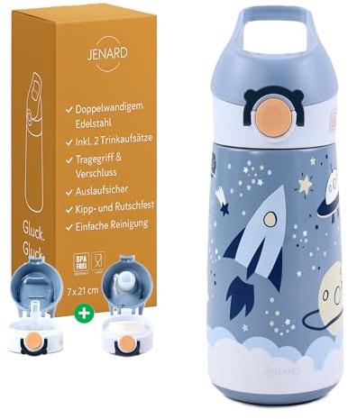 Jenard® Trinkflasche Kinder Edelstahl – auslaufsicher, doppelwandig, BPA-frei, mit 2 Trinkaufsätzen – Thermosflasche für Schule & Kindergarten (Blau/Grau, Weltraum)