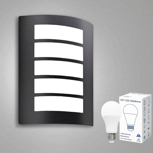 Wondlumi Outside Wall Lights Mains Powered Curved Outdoor Light Black | IP44 Waterproof LED Wall Lamp for Porch, Incl. 12W E27 Bulbs Cool White 6000K